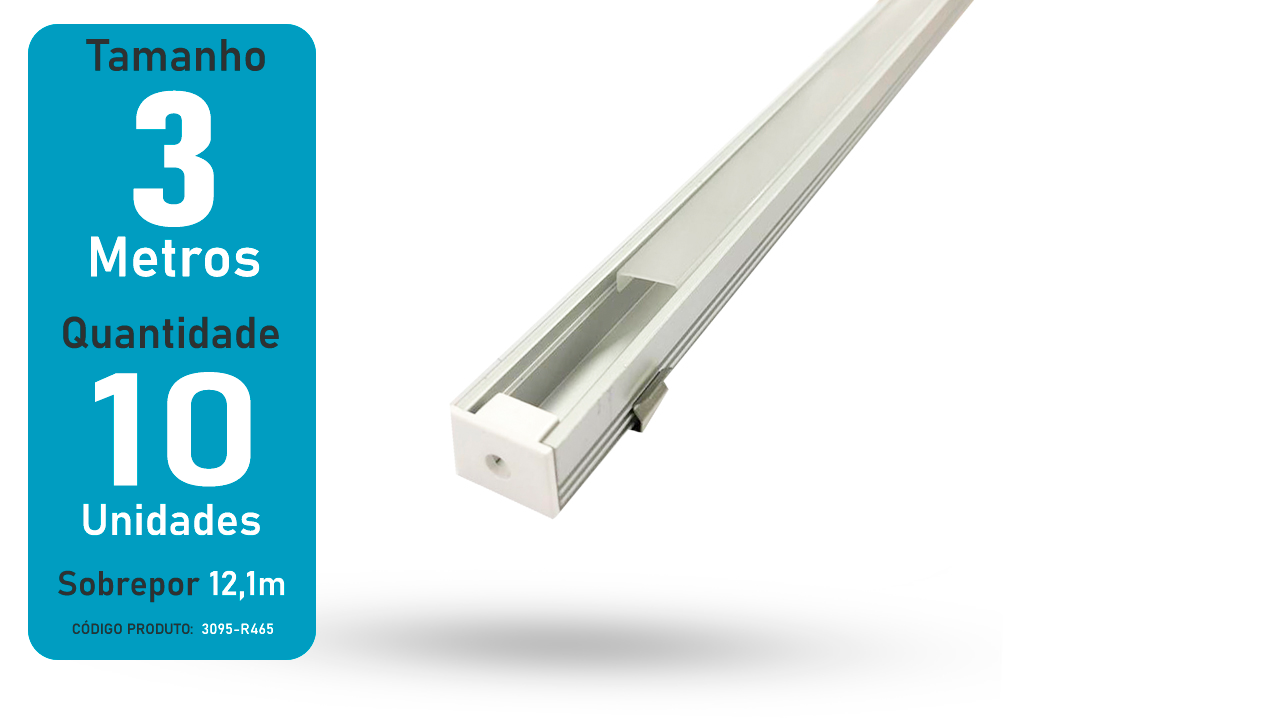 Perfil de Alumínio para LED 3 Metros - Sobrepor 12.2mm